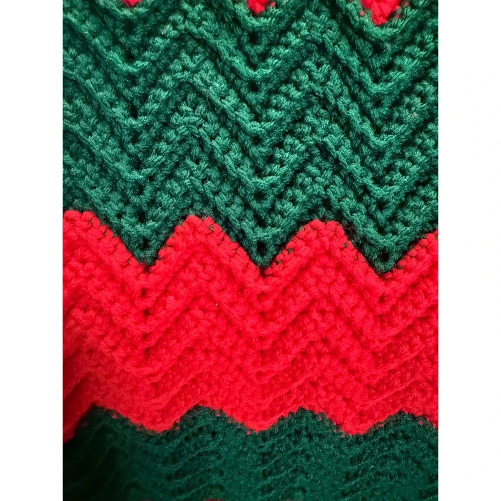 Vintage Handmade Crochet Afghan Blanket Red Green Chevron Ripple Christmas Throw